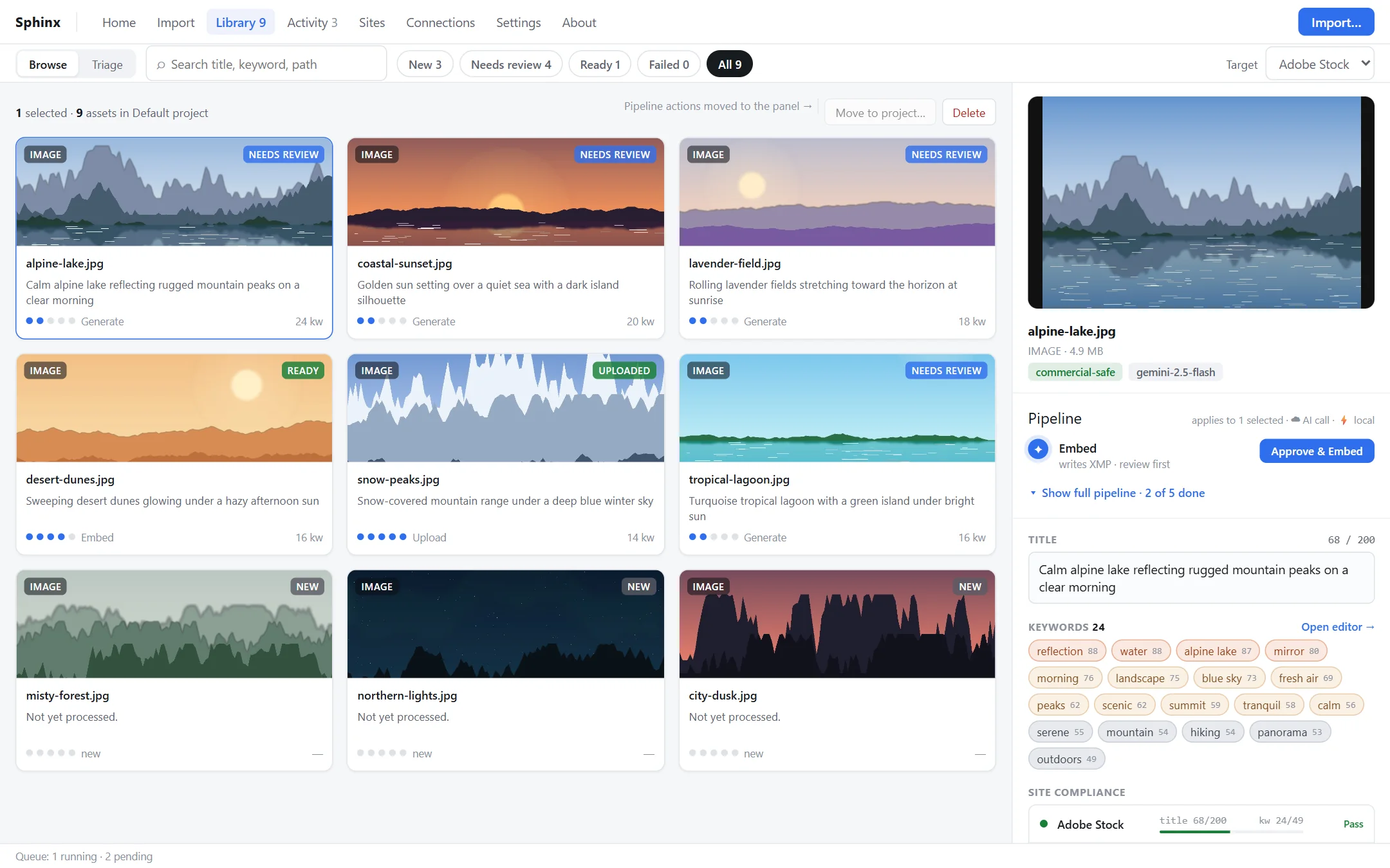 Sphinx library showing a grid of landscape images with review status, and an inspector panel with the next pipeline step and scored keywords
